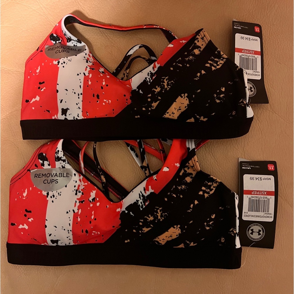 🛍️3/$33 Lot of 2 Under Armour Fitted Strappy Back Sports Bra Coral & Black XS